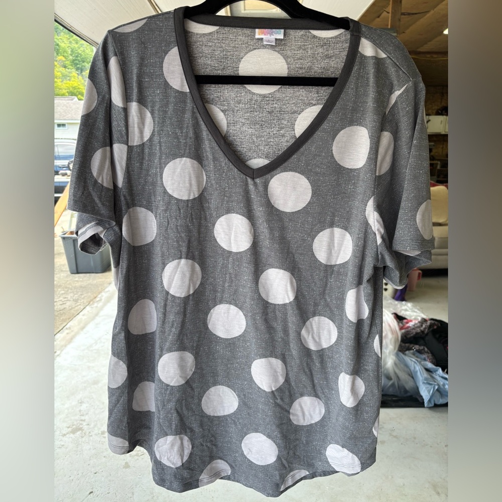 LuLaRoe Gray and White Polka Dot V-Neck Tee